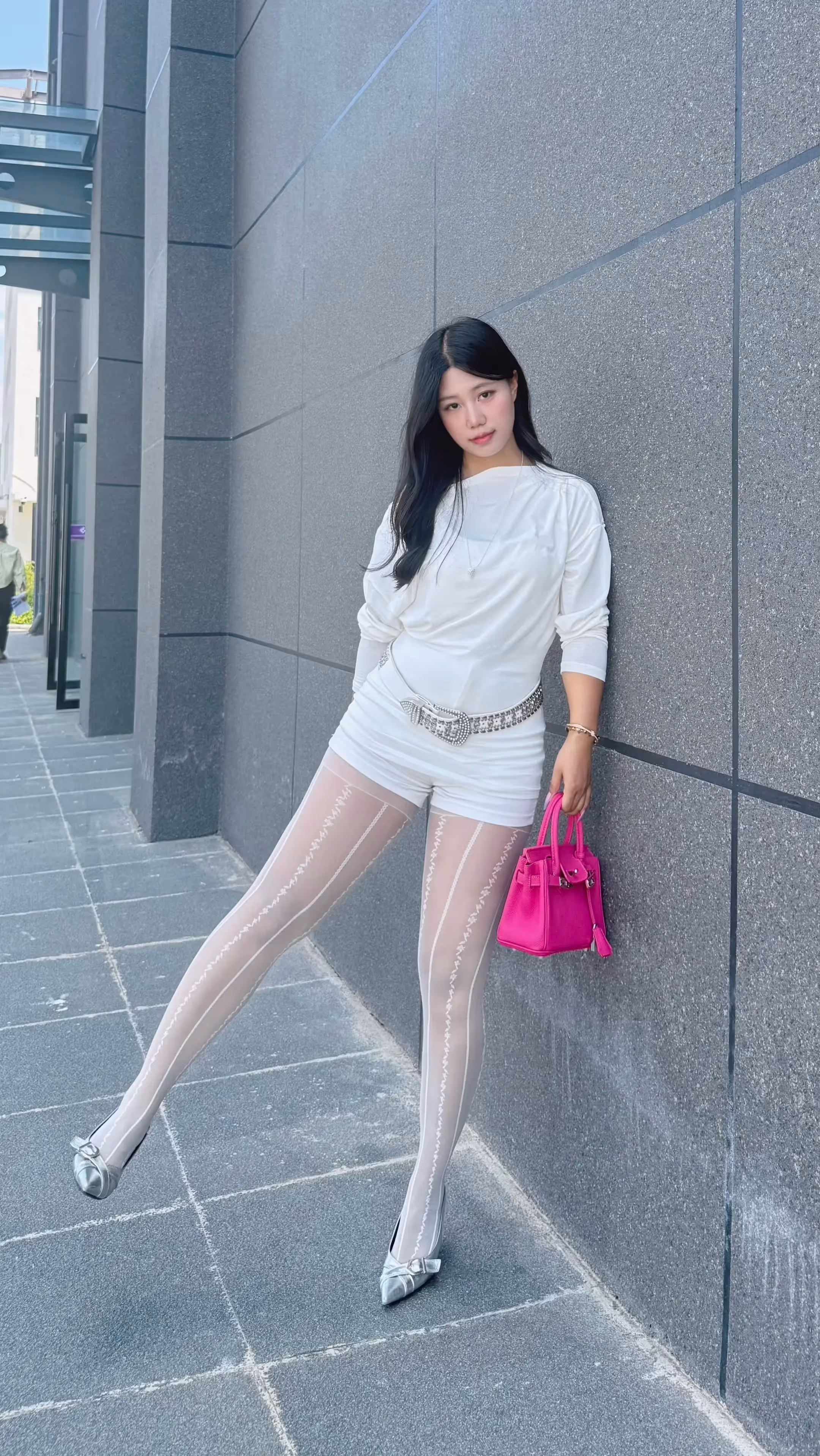 White Top and Shorts, White Patterned Tights, Hot Pink Handbag, Asian Woman, Outdoor Street