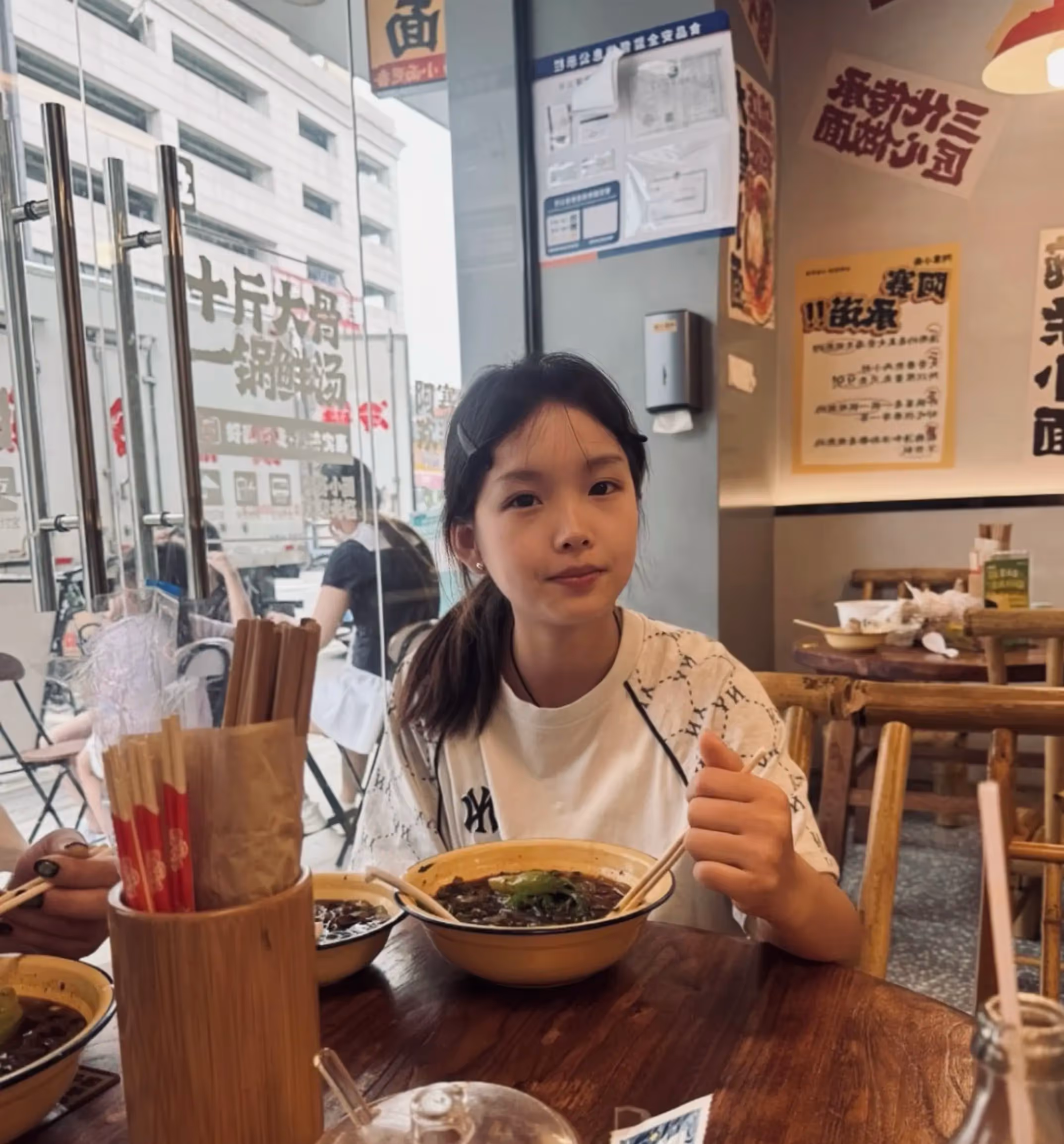 Noodle Shop Dining, Asian Girl, White Graphic T-Shirt